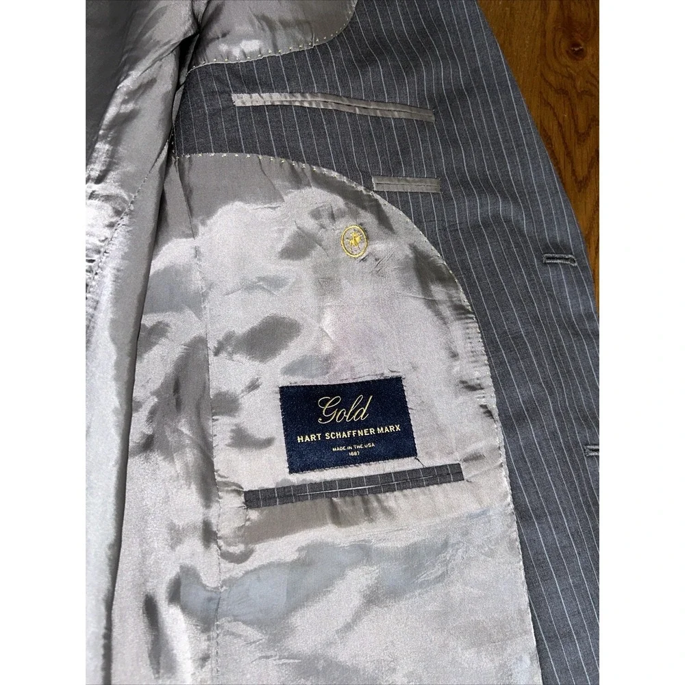 Hart Schaffer Marx "Gold" Light Blue Pinstriped‎ Gray Blazer For Belk  44R - Picture 6 of 16